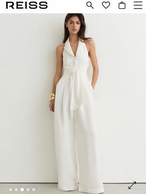 New REISS Taya White Tie-Front Wide-Leg Jumpsuit in Ivory